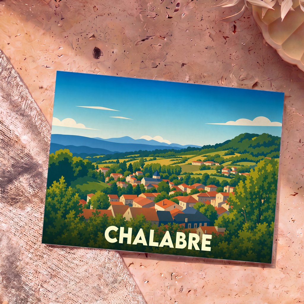 Carte postale souvenir de la ville de Chalabre avec une illustration stylisée d'un village niché dans une vallée verdoyante.