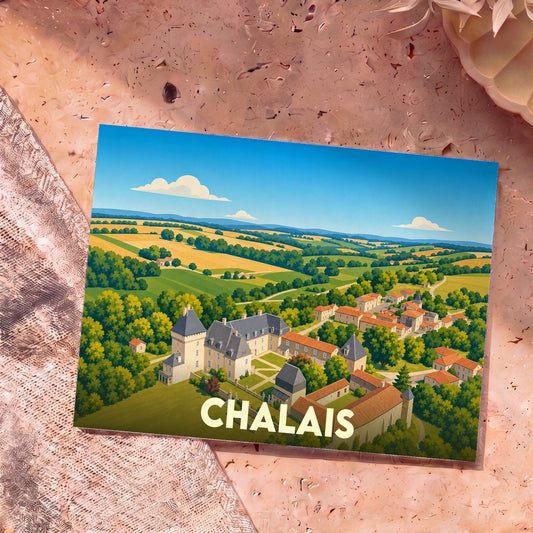 Carte postale souvenir de la ville de Chalais avec une illustration stylisée de son château et de son paysage vallonné.