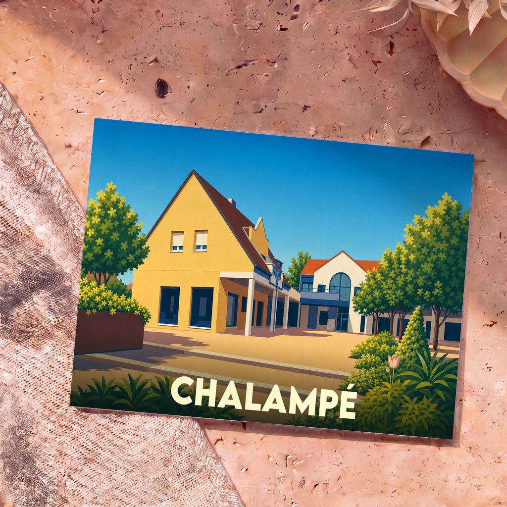 Carte postale souvenir de la ville de Chalampé avec une illustration stylisée et colorée.