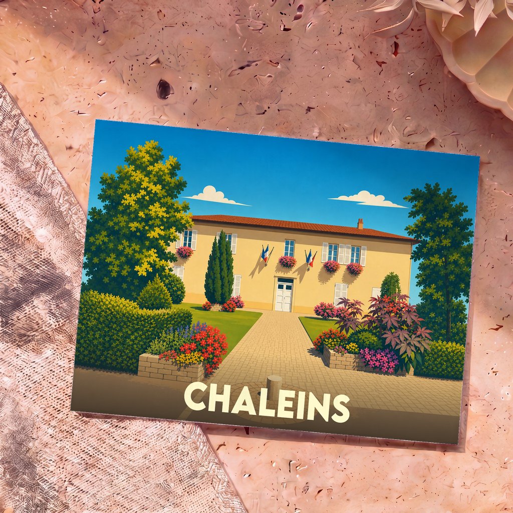 Carte postale souvenir de la ville de Chaleins avec une illustration stylisée de sa mairie fleurie.