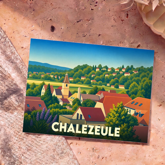 Carte postale souvenir de la ville de Chalezeule avec une illustration stylisée et colorée de ses maisons.