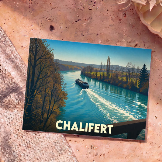 Carte postale souvenir de la ville de Chalifert avec une illustration stylisée d'une péniche naviguant sur la Marne.