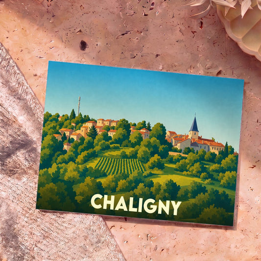 Carte postale souvenir de la ville de Chaligny avec une illustration stylisée et colorée de son paysage vallonné.