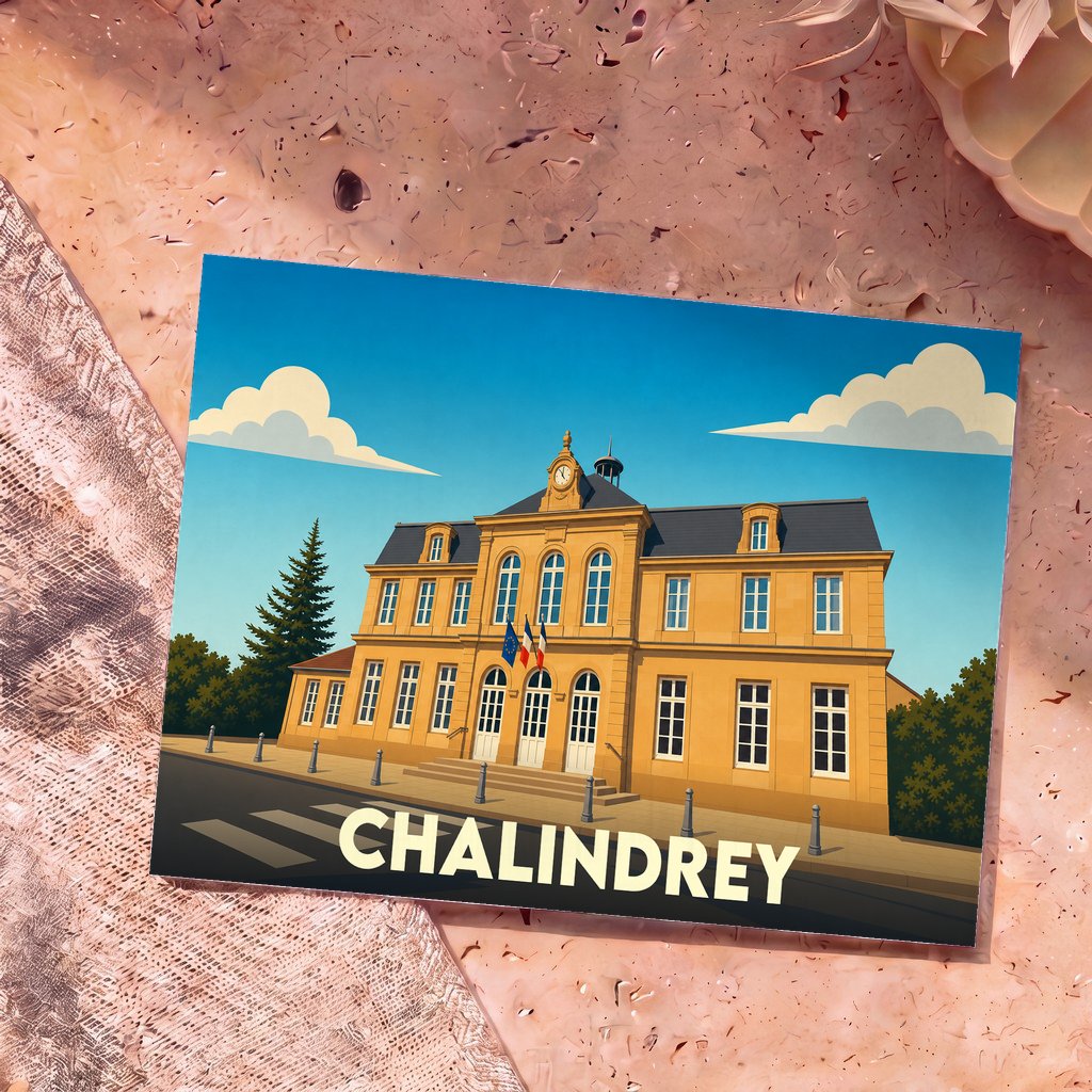 Carte postale souvenir de la ville de Chalindrey illustrant son hôtel de ville dans un style graphique épuré.