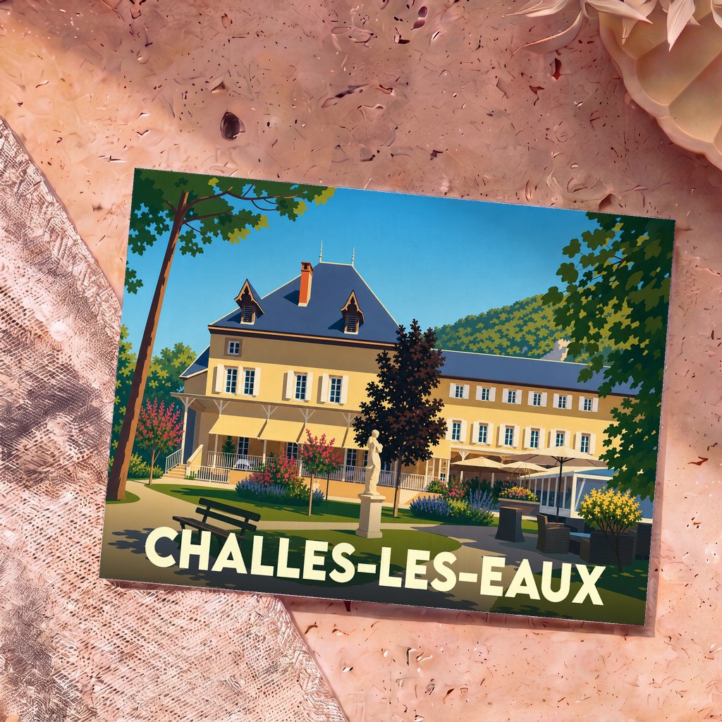 Carte postale souvenir de Challes-les-Eaux représentant une grande demeure bourgeoise et son parc dans un style graphique épuré.