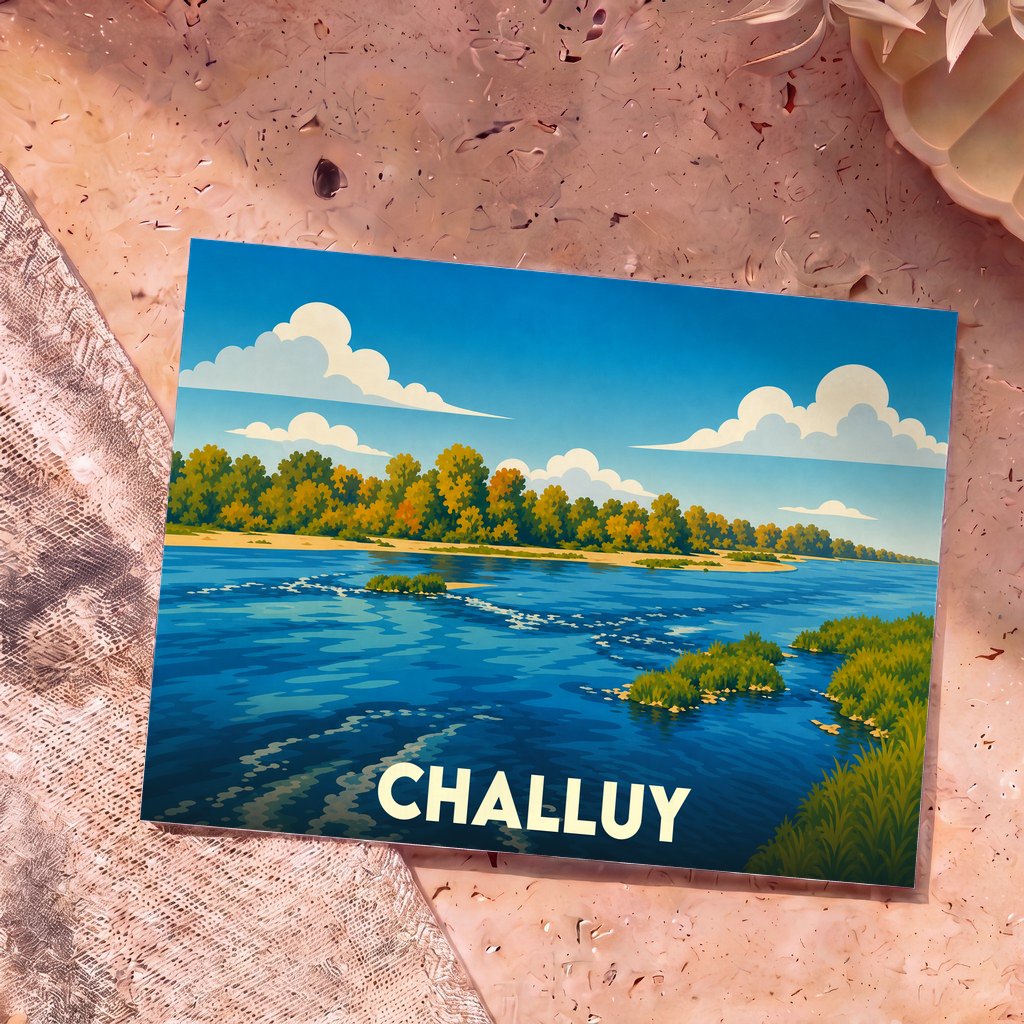 Carte postale souvenir de la ville de Challuy arborant une illustration stylisée d'un paysage de bord de Loire.
