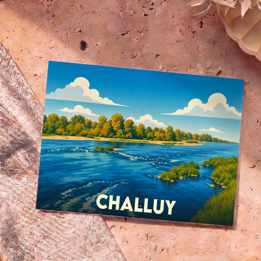 Carte postale souvenir de la ville de Challuy arborant une illustration stylisée d'un paysage de bord de Loire.