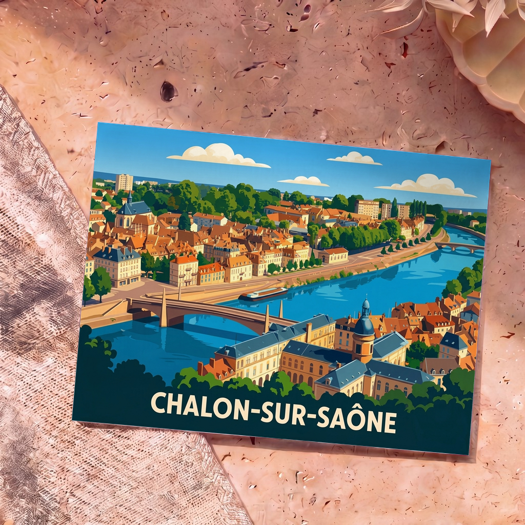 Carte postale souvenir de la ville de Chalon-sur-Saône avec une illustration stylisée représentant les quais de Saône et l'architecture locale.