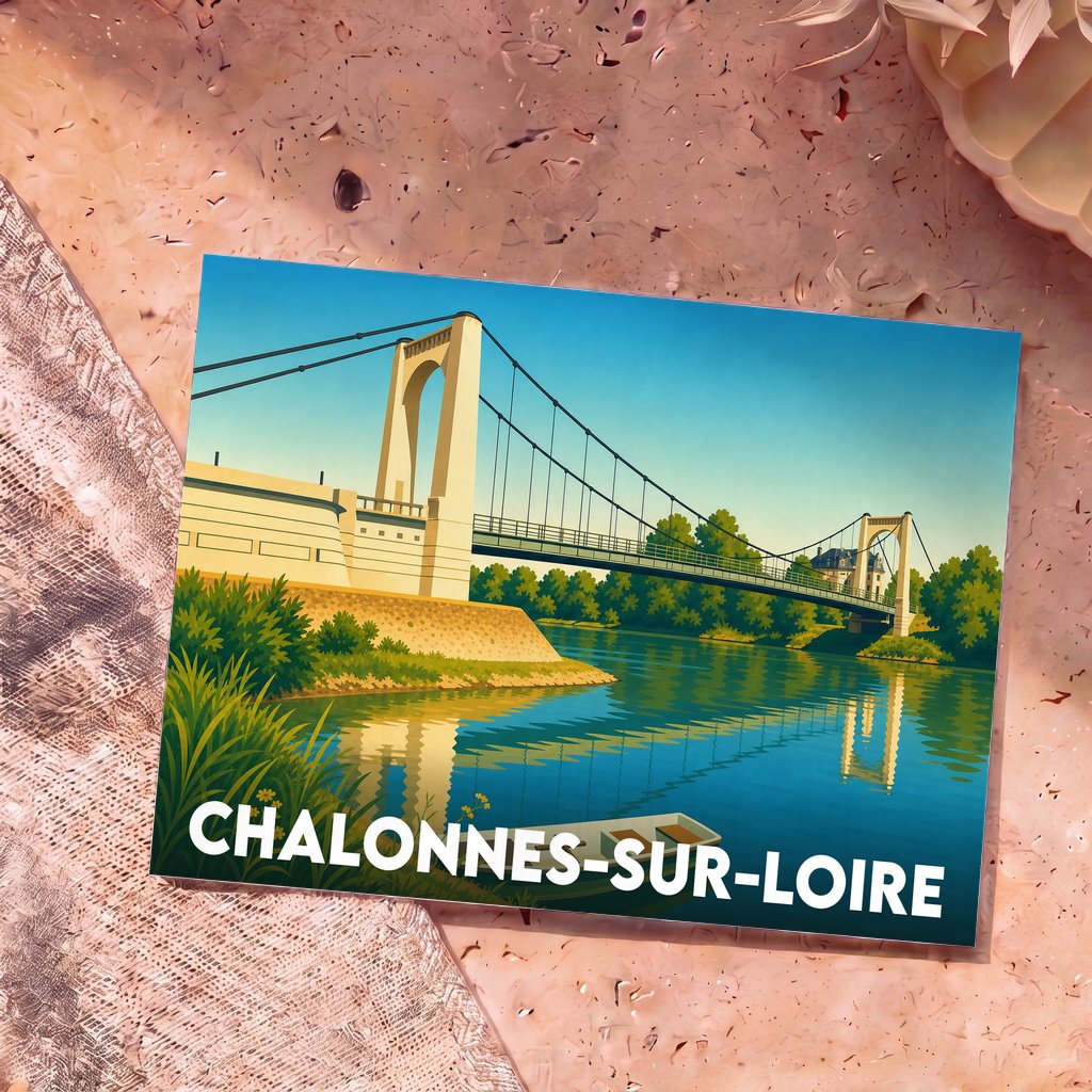 Carte postale souvenir de Chalonnes-sur-Loire illustrant son pont suspendu et la Loire dans un style rétro.