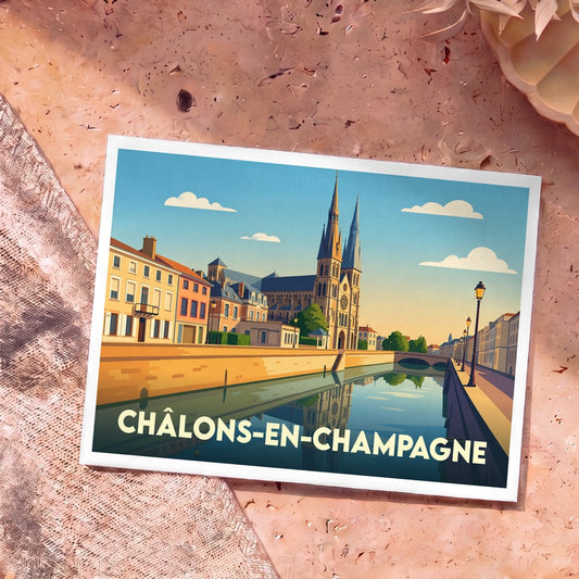 Carte postale souvenir de la ville de Châlons-en-Champagne avec une illustration stylisée de sa cathédrale et de ses canaux.