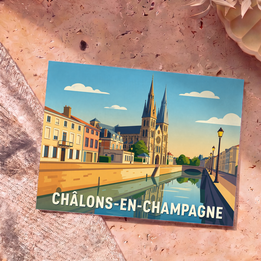 Carte postale souvenir de la ville de Châlons-en-Champagne avec une illustration stylisée de sa cathédrale et de ses canaux.