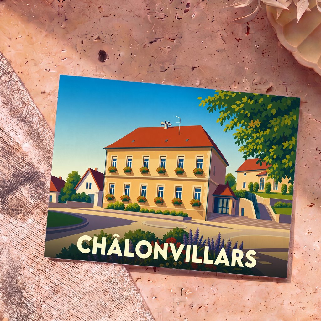 Carte postale souvenir de la ville de Châlonvillars avec une illustration stylisée et colorée.