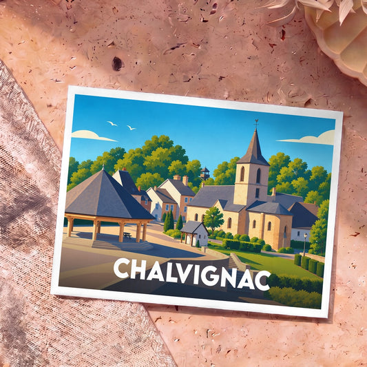 Carte postale souvenir de la ville de Chalvignac avec une illustration stylisée.