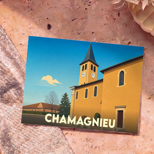 Carte postale souvenir de la ville de Chamagnieu illustrant son église dans un style graphique épuré.