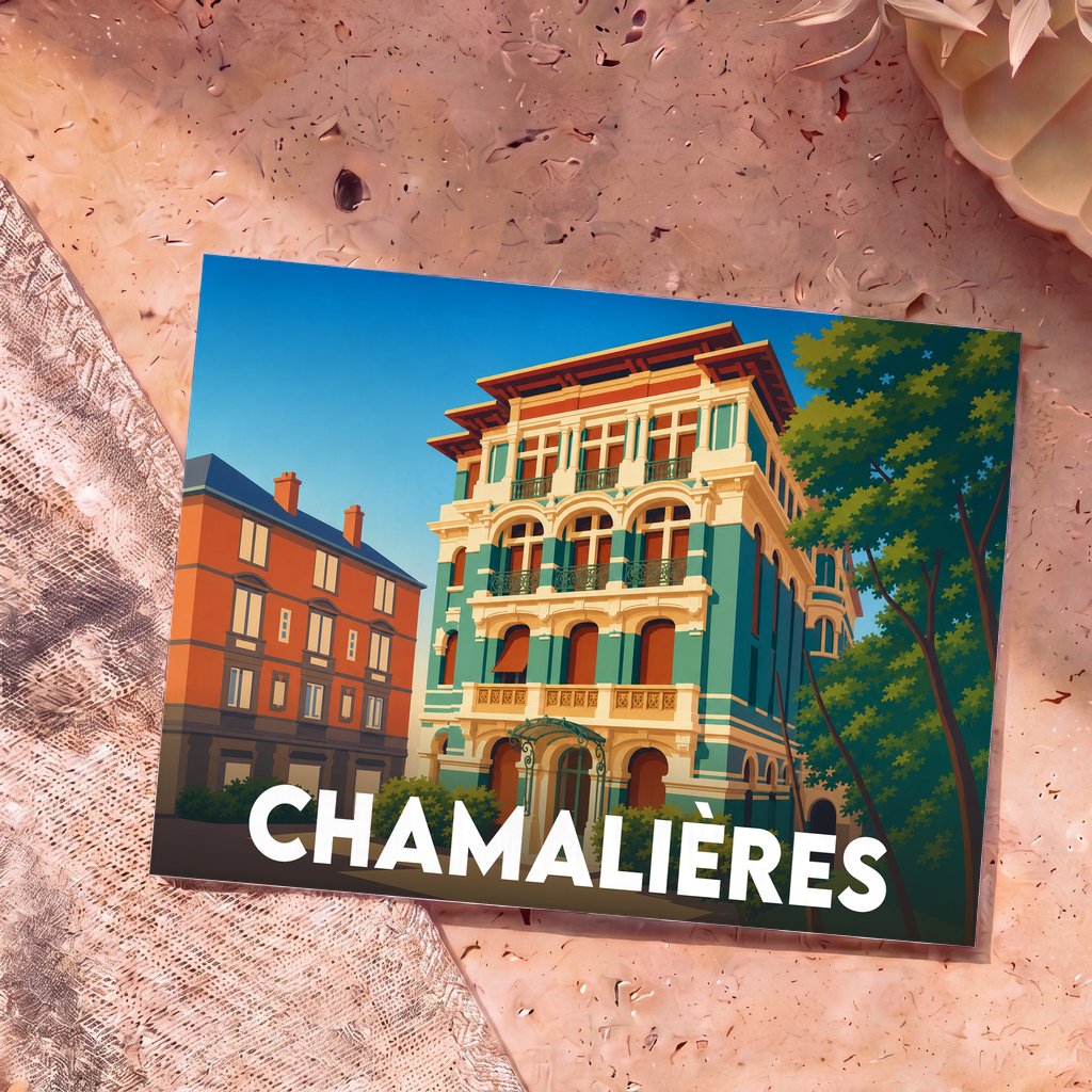Carte postale souvenir de la ville de Chamalières avec une illustration stylisée de bâtiments colorés.