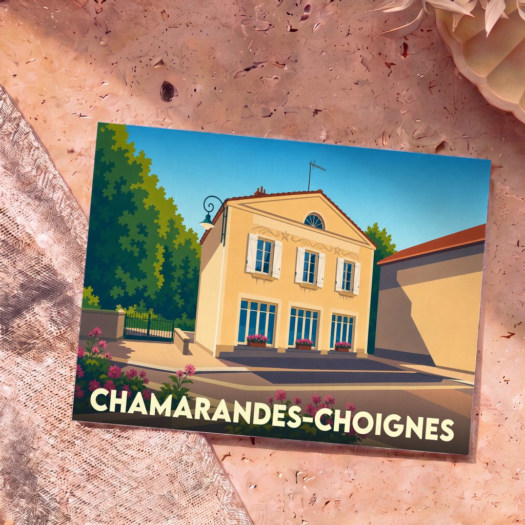Carte postale souvenir de la ville de Chamarandes-Choignes avec une illustration stylisée d'une maison traditionnelle.