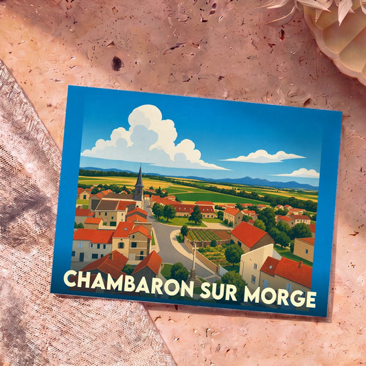 Carte postale souvenir de Chambaron-sur-Morge illustrant le village dans un style graphique épuré et coloré.