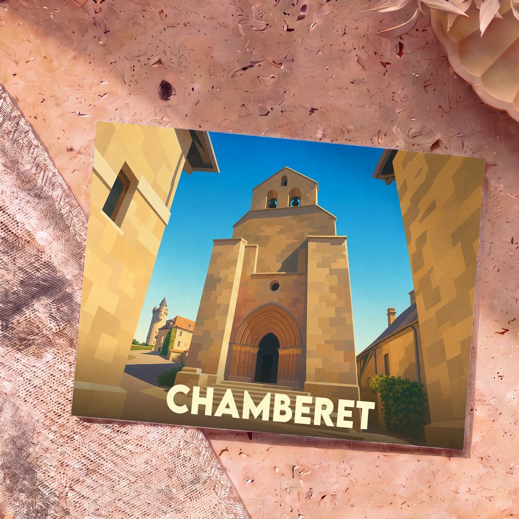 Carte postale souvenir de la ville de Chamberet avec une illustration stylisée de son église en pierre.