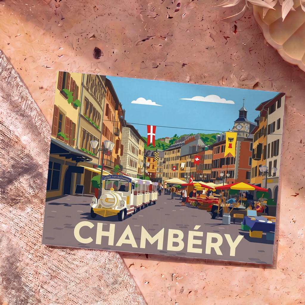 Carte postale souvenir de la ville de Chambéry arborant une illustration stylisée et colorée de ses rues animées.