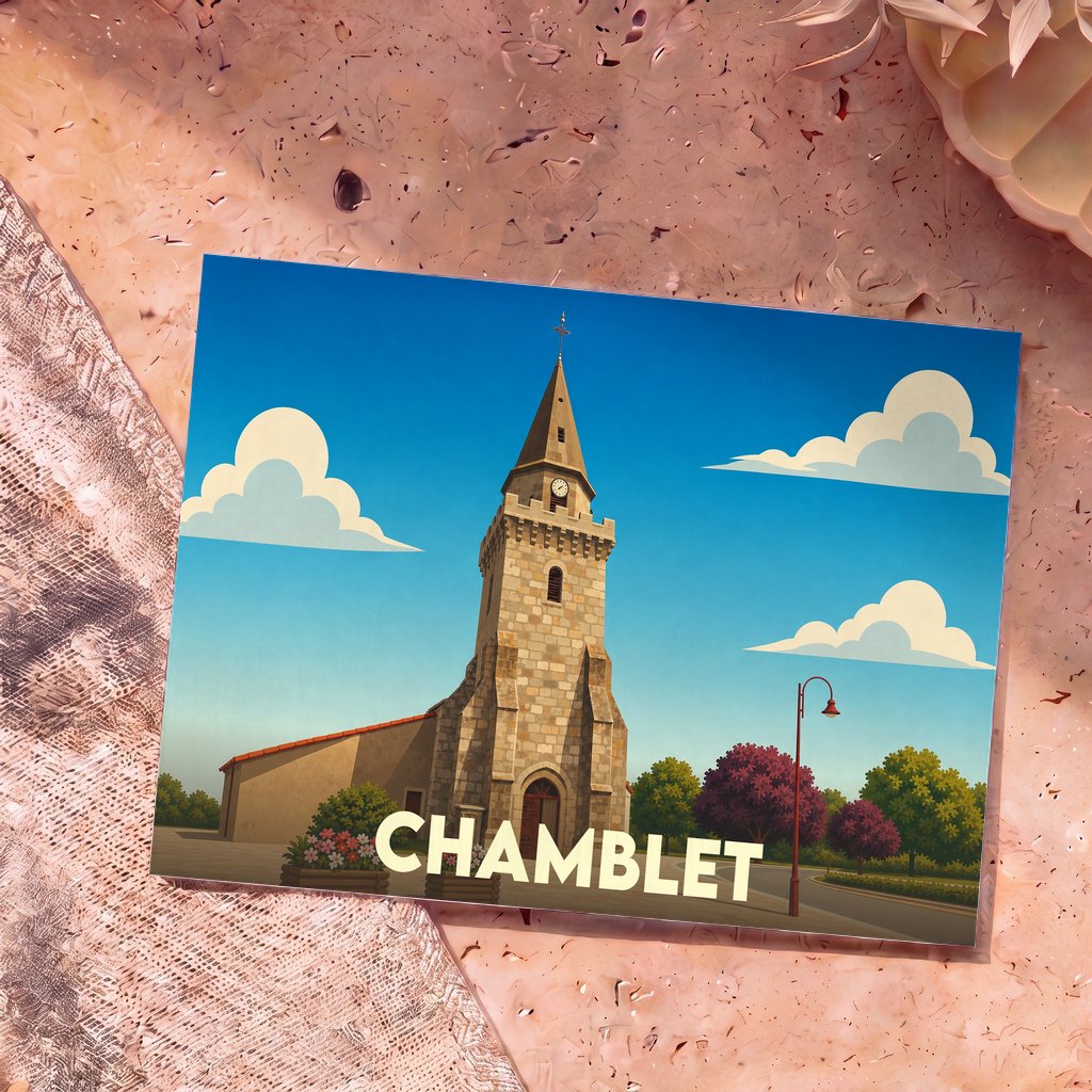 Carte postale souvenir de la ville de Chamblet avec une illustration stylisée de son église sous un ciel bleu.