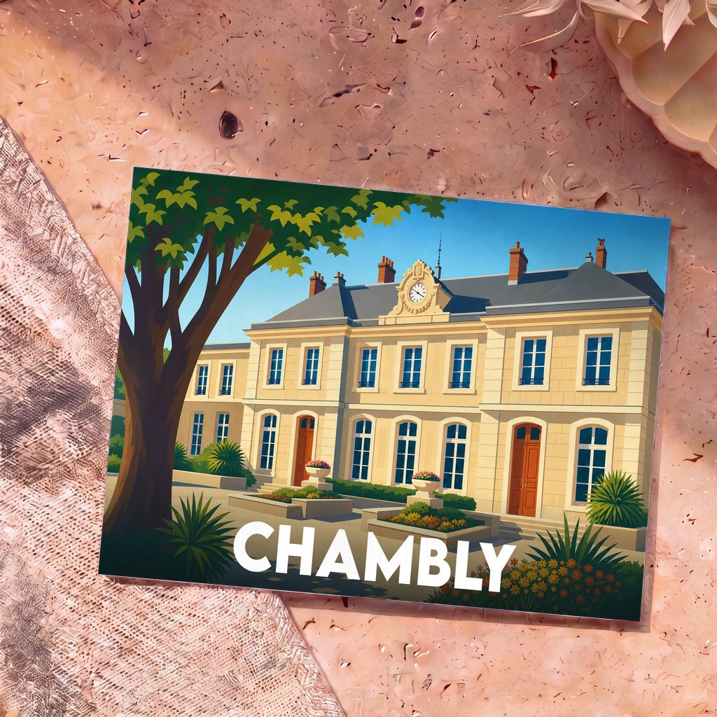 Carte postale souvenir de la ville de Chambly arborant une illustration stylisée de son hôtel de ville.