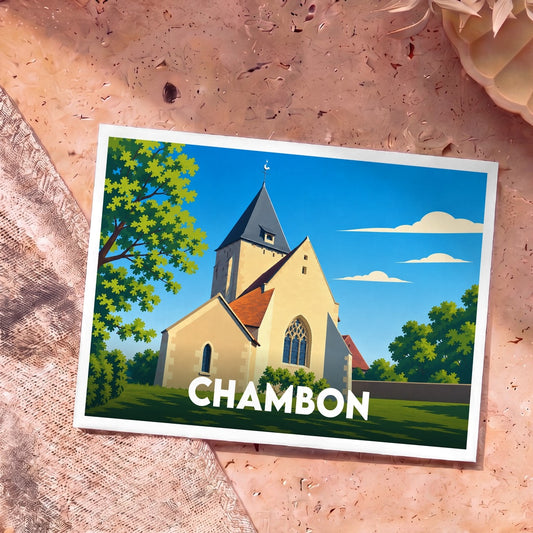 Carte postale souvenir de la ville de Chambon avec une illustration stylisée de son église.