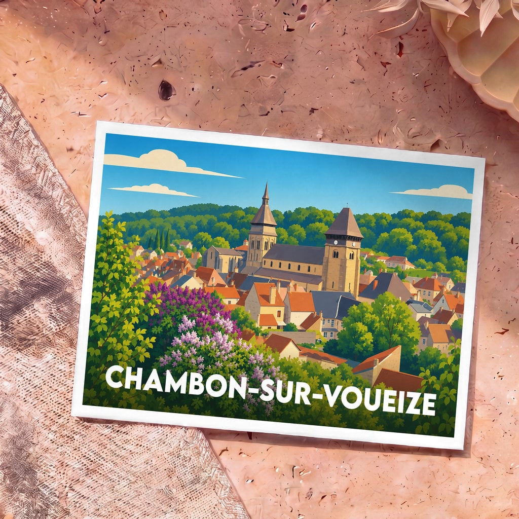 Carte postale souvenir de la ville de Chambon-sur-Voueize illustrant son abbaye et ses toits dans un style graphique coloré.