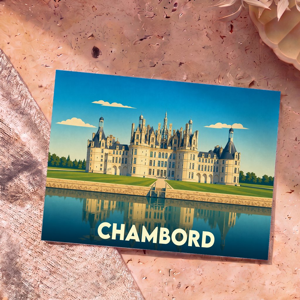 Carte postale souvenir du château de Chambord avec une illustration graphique et colorée.
