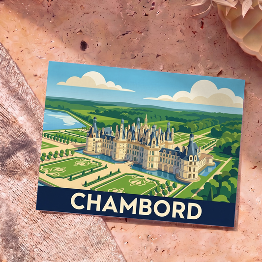 Carte postale souvenir de Chambord présentant une illustration stylisée de son château et de ses jardins.