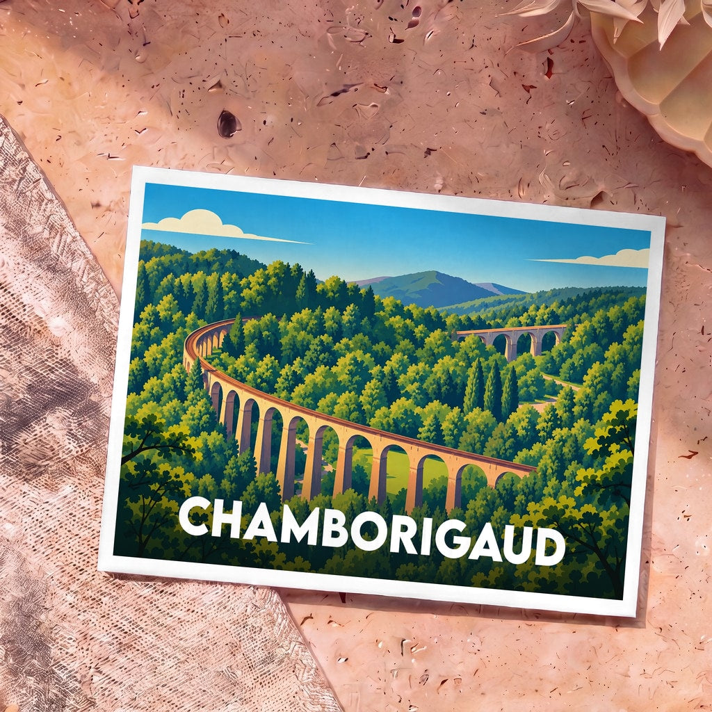 Carte postale souvenir de la ville de Chamborigaud avec une illustration stylisée de son viaduc ferroviaire au cœur de la forêt.