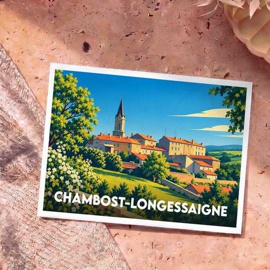 Carte postale souvenir de la ville de Chambost-Longessaigne avec une illustration stylisée.