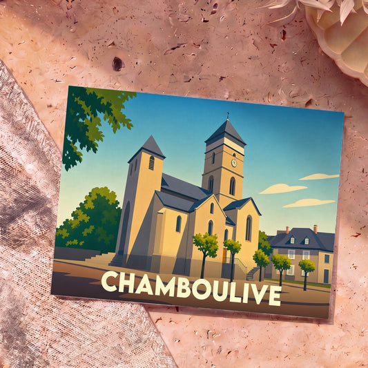 Carte postale souvenir de la ville de Chamboulive avec une illustration stylisée de son église.