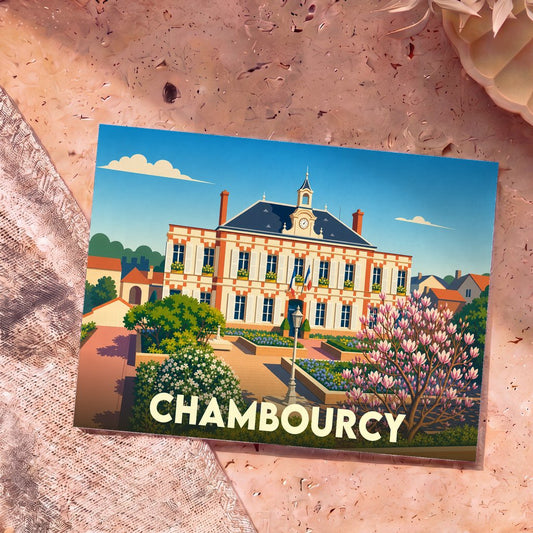 Carte postale souvenir de la ville de Chambourcy arborant une illustration stylisée de son hôtel de ville fleuri.