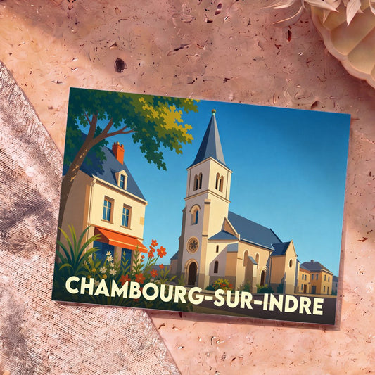 Carte postale souvenir de la ville de Chambourg-sur-Indre avec une illustration stylisée de son église et de ses maisons.