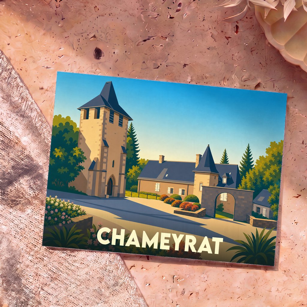Carte postale souvenir de la ville de Chameyrat avec une illustration stylisée de son architecture.