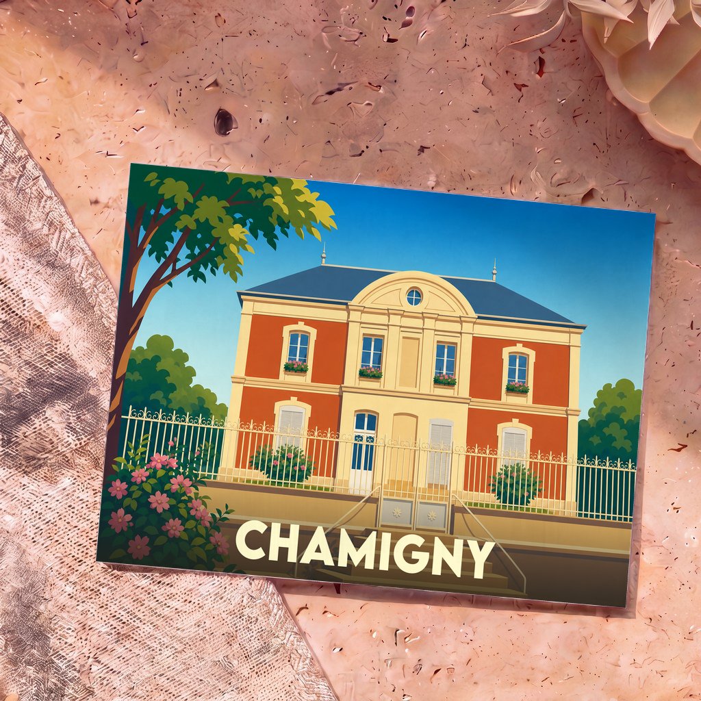 Carte postale souvenir de la ville de Chamigny arborant une illustration stylisée d'une demeure bourgeoise.