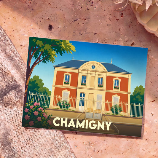 Carte postale souvenir de la ville de Chamigny arborant une illustration stylisée d'une demeure bourgeoise.