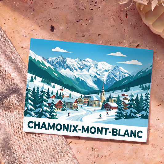 Carte postale souvenir de la ville de Chamonix-Mont-Blanc illustrant une scène de montagne enneigée dans un style graphique.