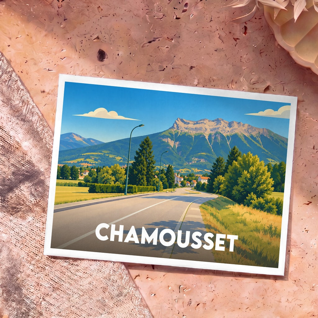 Carte postale souvenir de la ville de Chamousset avec une illustration stylisée de ses montagnes et de ses paysages.