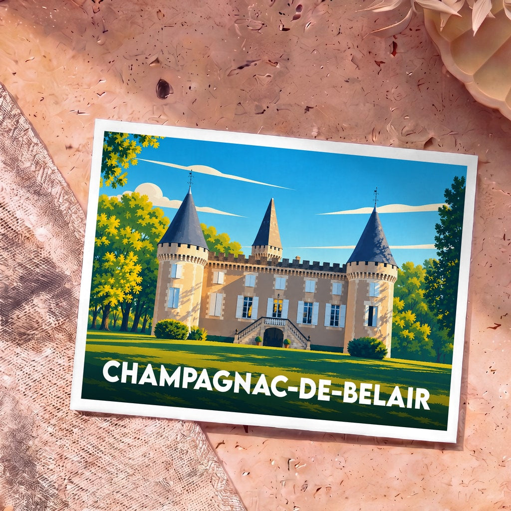 Carte postale souvenir de la ville de Champagnac-de-Belair avec une illustration stylisée de son château.