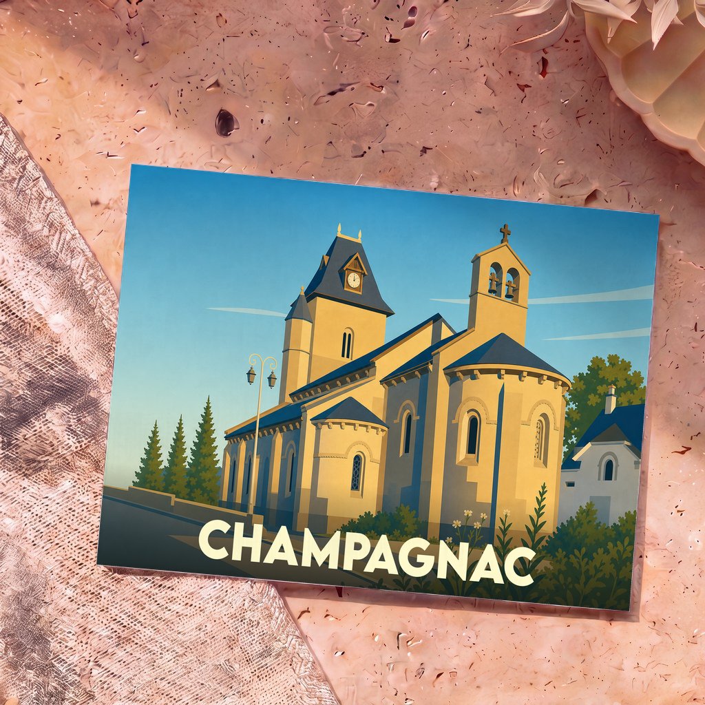 Carte postale souvenir de la ville de Champagnac illustrant son église dans un style graphique épuré.