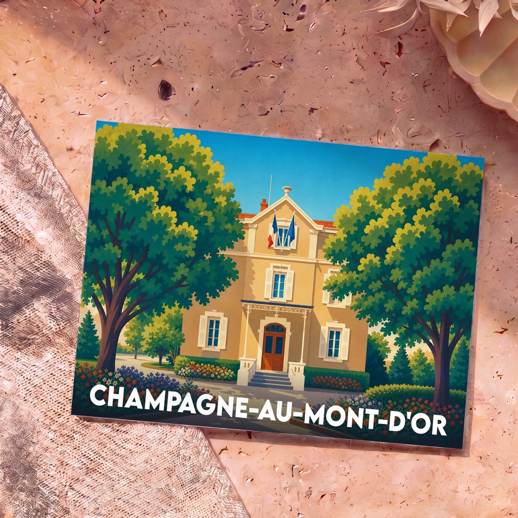 Carte postale souvenir de la ville de Champagne-au-Mont-d'Or avec une illustration stylisée de son hôtel de ville entouré de verdure.