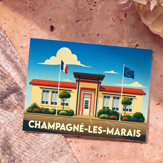 Carte postale souvenir de la ville de Champagné-les-Marais illustrant la mairie avec un style graphique épuré.