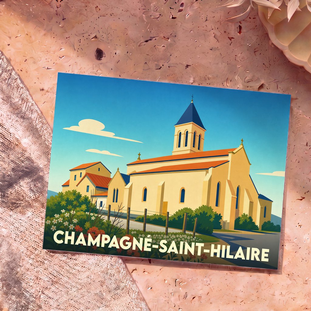 Carte postale souvenir de la ville de Champagné-Saint-Hilaire avec une illustration stylisée de son église.