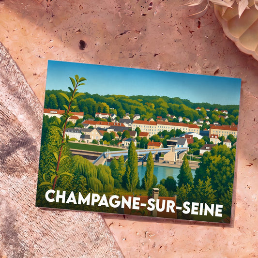 Carte postale souvenir de la ville de Champagne-sur-Seine avec une illustration stylisée et colorée.