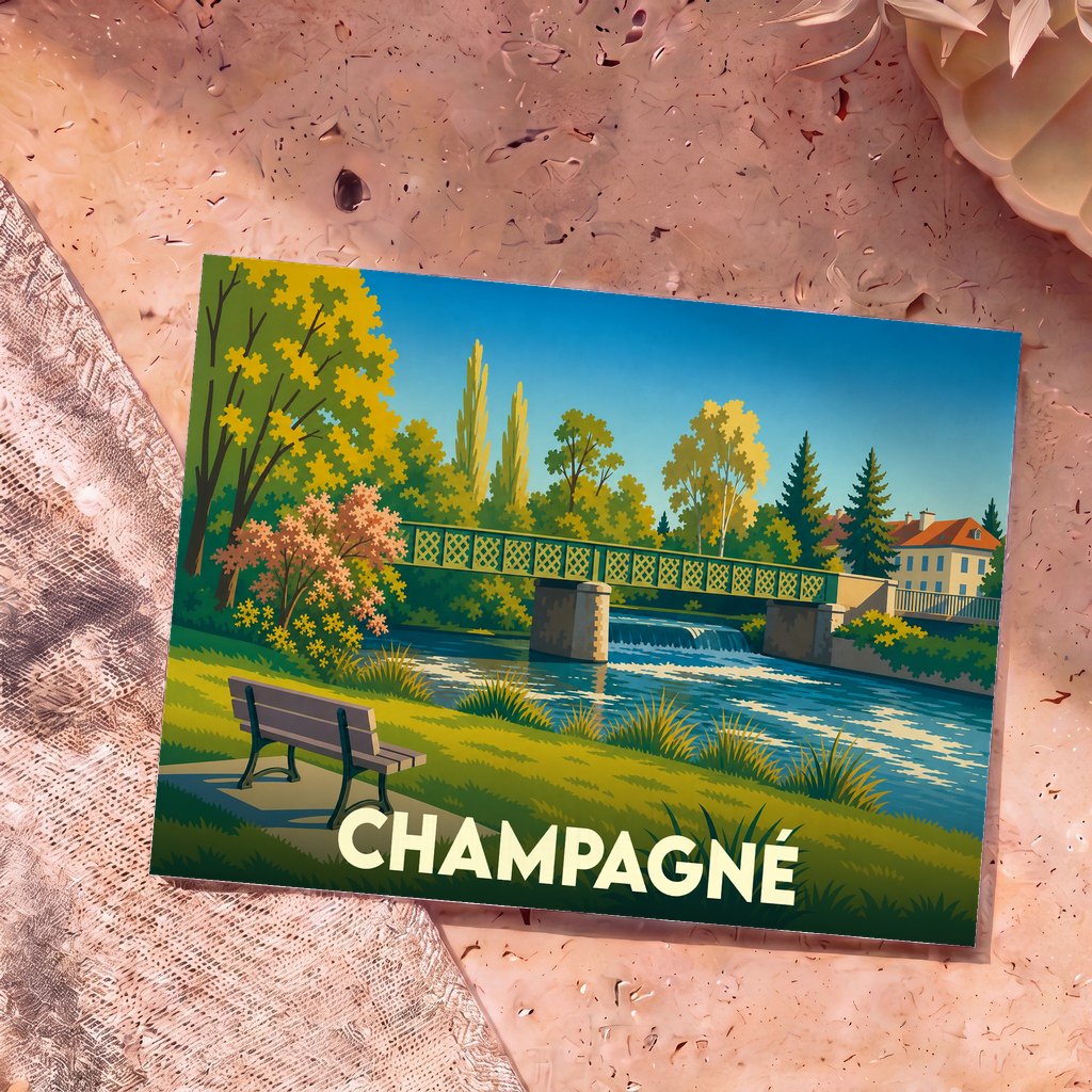 Carte postale souvenir de la ville de Champagné avec une illustration stylisée d'un parc au bord de l'eau.