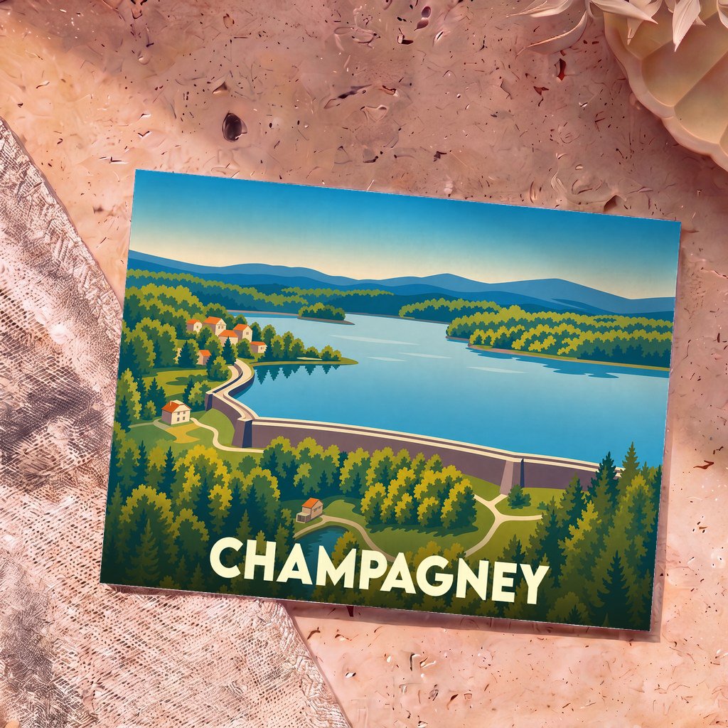 Carte postale souvenir de la ville de Champagney avec une illustration stylisée d'un barrage et d'un lac entourés de montagnes.
