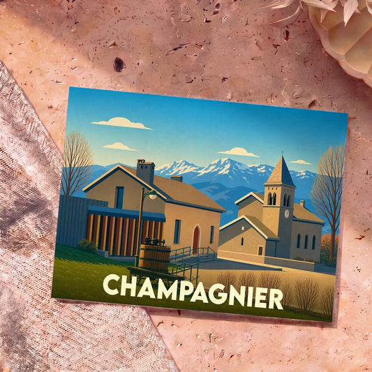 Carte postale souvenir de la ville de Champagnier avec une illustration stylisée montrant le village et les montagnes enneigées.