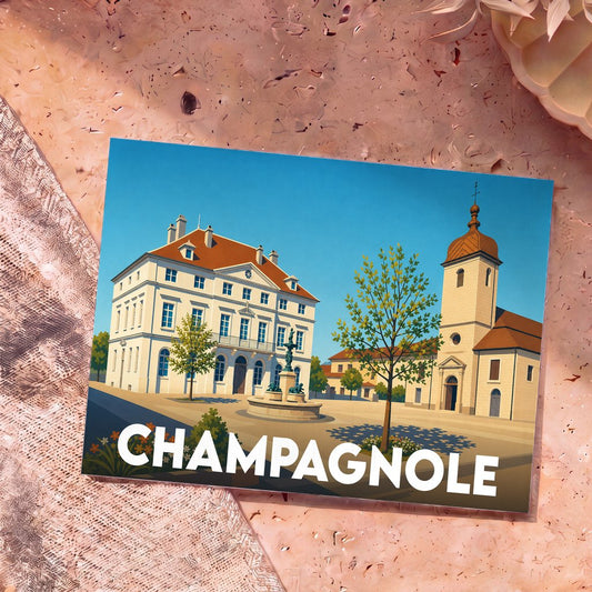 Carte postale souvenir de la ville de Champagnole avec une illustration stylisée de sa place centrale.