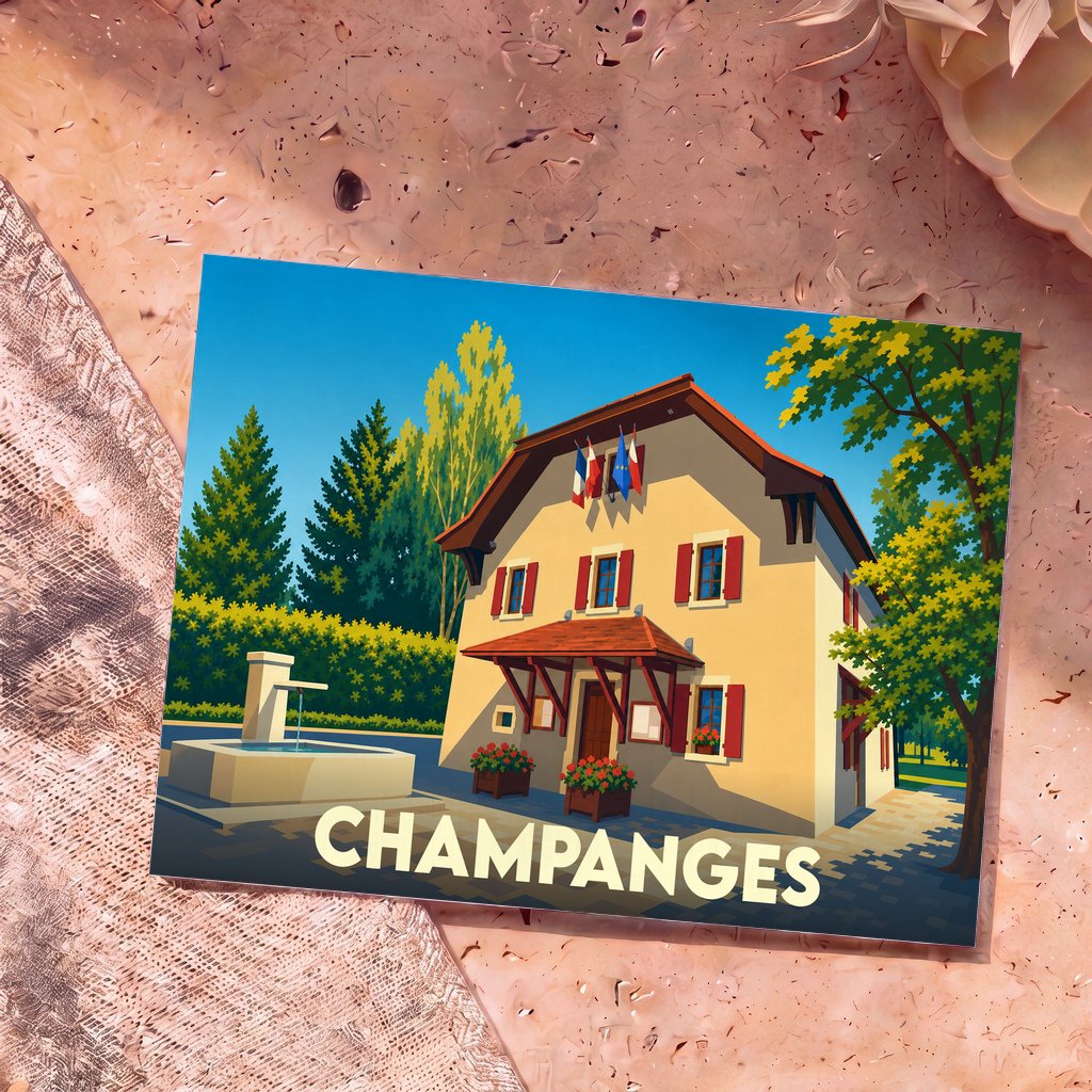 Carte postale souvenir de la ville de Champanges avec une illustration stylisée de la mairie et de sa fontaine.